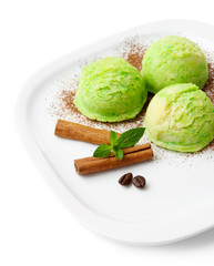 Delicious ice cream on plate isolated on white