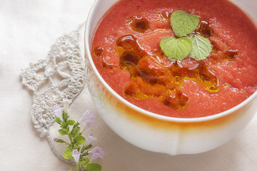 gazpacho  on a table, vegetable soup