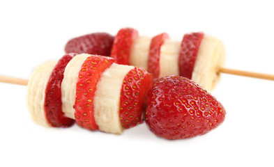 Fresh fruit kebabs for healthy snack isolated on white