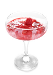 Glass of cold raspberry dessert on wooden background