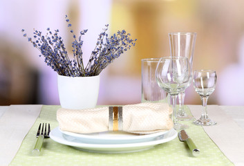 Dining table setting with lavender flowers