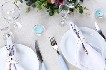 Dining table setting with lavender flowers