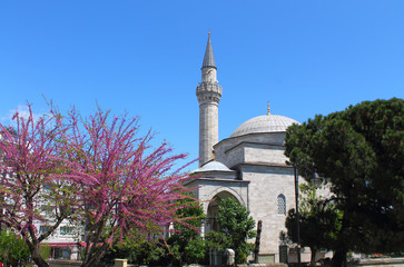 Fototapeta na wymiar minaret of the mosque on the blue sky background