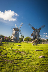 Plakat wooden windmill in Angla, Saaremaa island, Estonia