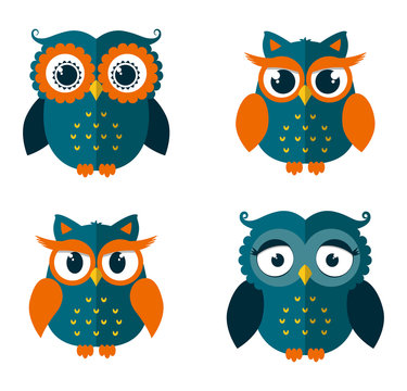 Set of owls isolated on white. Vector illustration.