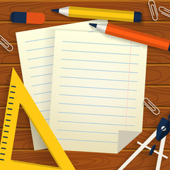 School background with stationery, paper sheets and place for te