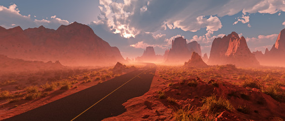 Old road through red rocky desert landscape with cloudy sky and