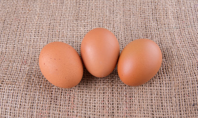 Chicken eggs on gunny sack 
