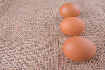 Chicken eggs on gunny sack 