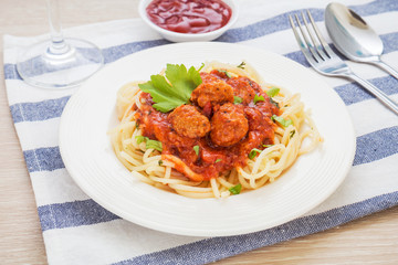 Spaghetti with meatballs in tomato sauce