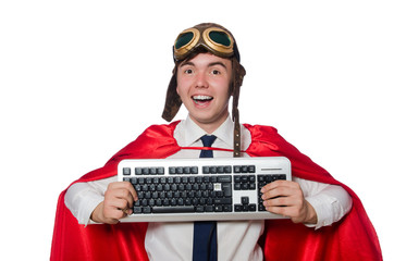 Funny hero with keyboard isolated on the white