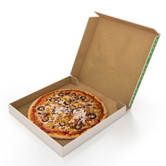 Pizza in open box isolated