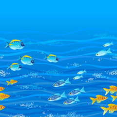 Seamless sea pattern with tropical fishes and a place for text.