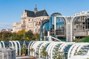 The Saint Eustache church seen from the commercial center Les Halles in Paris, France