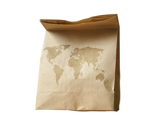 world map on natural brown recycled paper bag