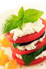 stacked eggplant ,tomato, basil and  cottage cheese