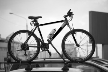 bicycle stands on the roof of the car