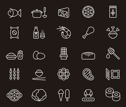 Set of white outlined icons related to FOOD