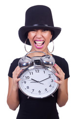 Young woman with clock isolated on white