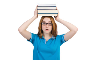 Funny student with stack of books