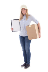 post delivery service woman holding blank clipboard and parcel i