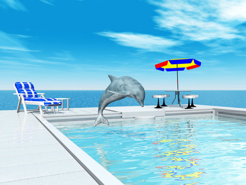 Swimming pool and jumping dolphin