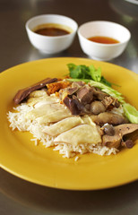 close up chicken steamed and rice in dish