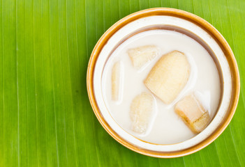 Banana in coconut milk on banana leaves,Thai desert
