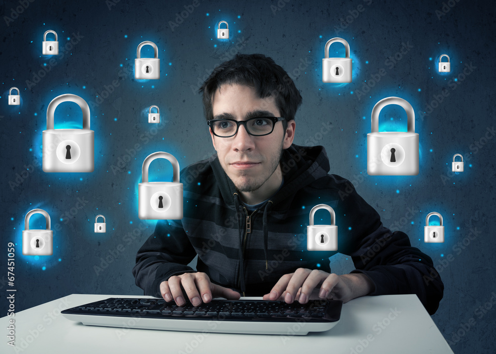 Poster young hacker with virtual lock symbols and icons