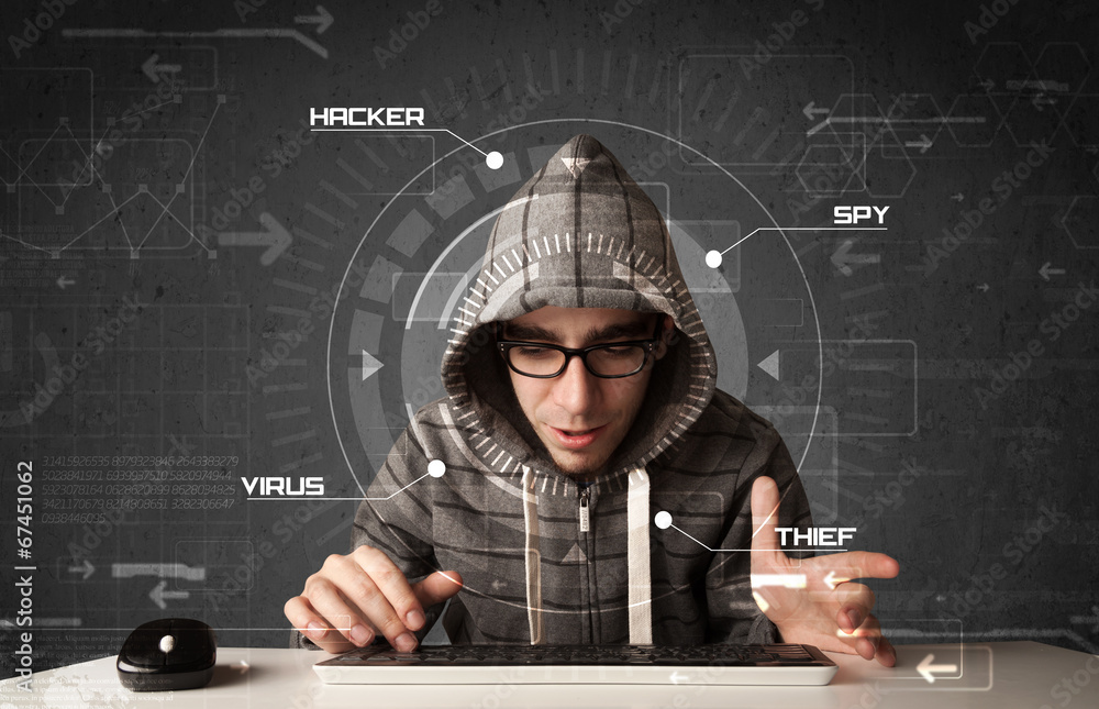Poster young hacker in futuristic enviroment hacking personal informati