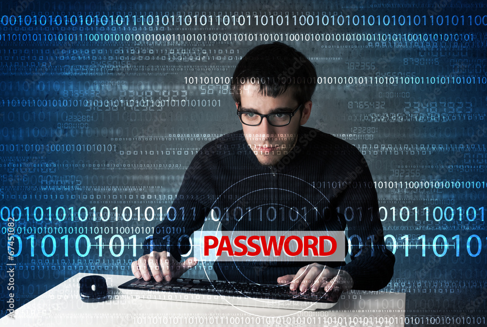 Poster young geek hacker stealing password