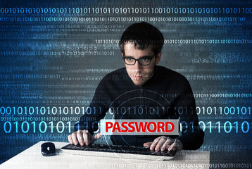Young geek hacker stealing password
