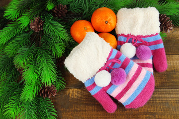Striped mittens with fir branches and tangerines