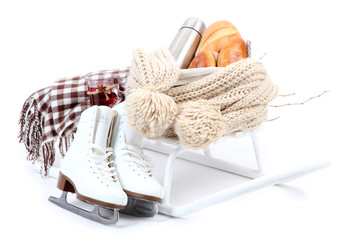Winter still life on sled, isolated on white