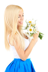 Young beautiful woman with flowers isolated on white