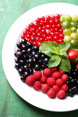 Forest berries on plate, on color wooden background