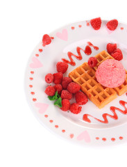 Tasty belgian waffles with ice cream, isolated on white