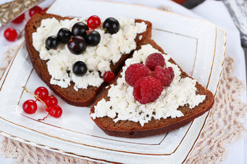 Bread with cottage cheese and berries on plate close-up