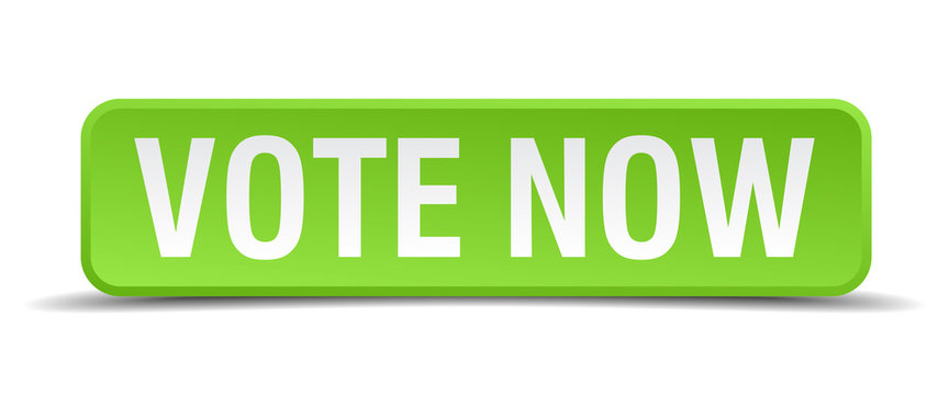 vote now green 3d realistic square isolated button