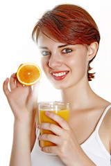 young woman and orange juice isolated