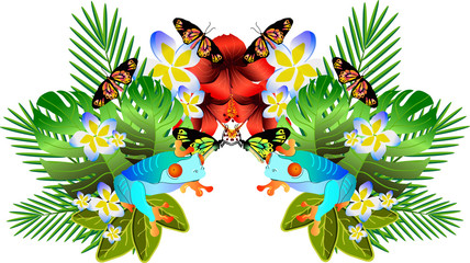Tropical flowers and leaves and beautiful butterfly, bright illu