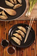 Chinese Style Pot Stickers Plated Beside Cooking Pan