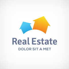 Real estate logo design template with houses and arrows.