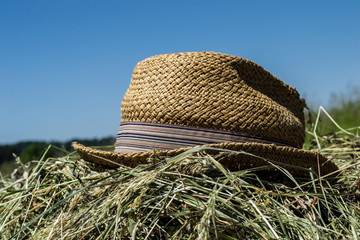 hat working farm, mowing grass, straw hat