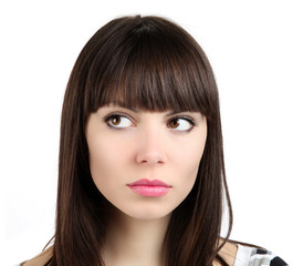 woman looks on white background