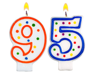 Birthday candles number ninety five isolated on white background