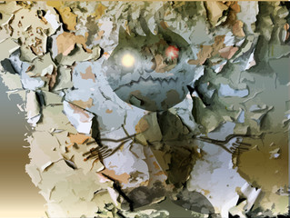 Spooky ghost rising from behind the cracked wall