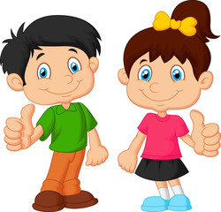 Cartoon boy and girl giving thumb up
