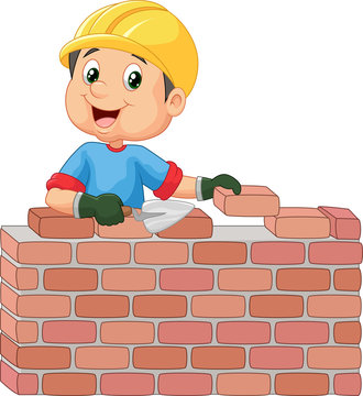 Construction worker laying bricks Stock Vector | Adobe Stock