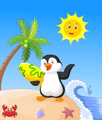 Happy penguin cartoon holding surfboard